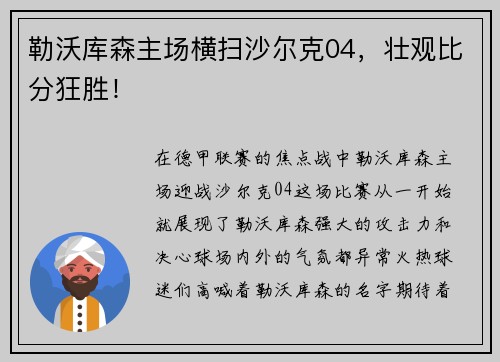 勒沃库森主场横扫沙尔克04，壮观比分狂胜！